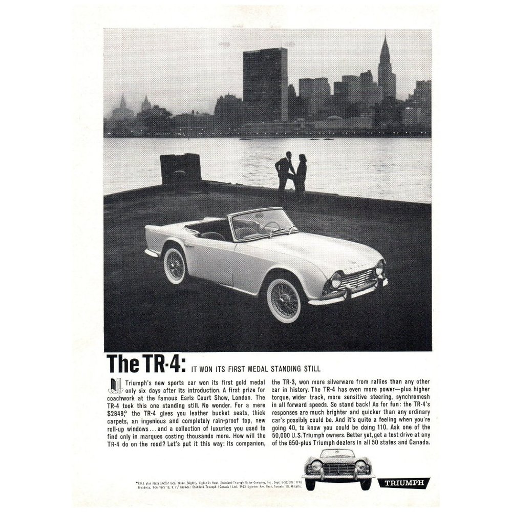 1962 Triumph TR4 Convertible Roadster White Vintage Print Ad Waterfront City